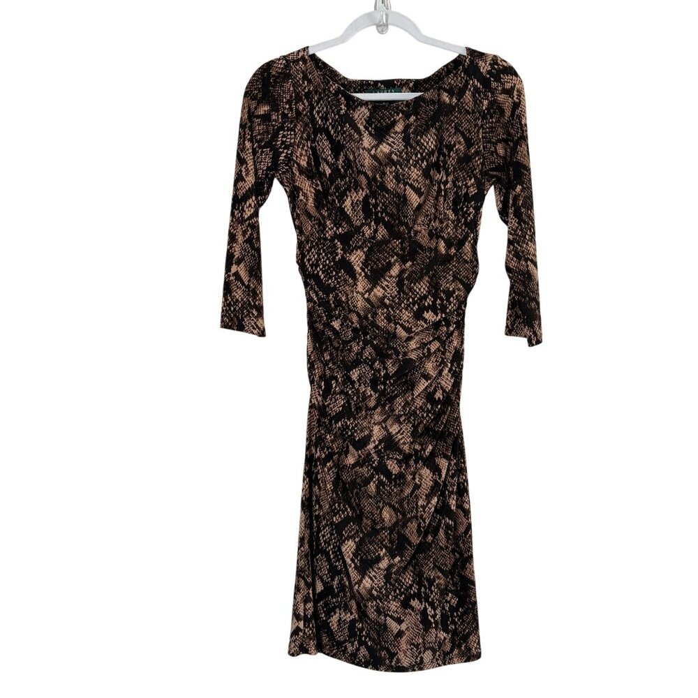 Lauren Ralph Lauren Ruched Dress Size 4 Black Brown Snake Print 3/4 Sleeve